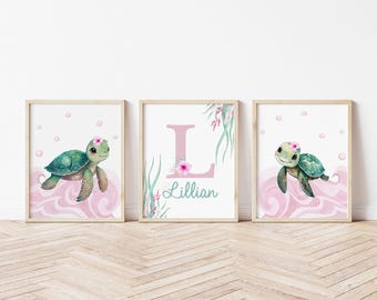 Sea Turtle Nursery Prints, Personalized Nursery Wall Art, Set of 3 Prints, Sea Turtle Nursery, Girl Nursery Decor, Ocean Nursery Decor A562