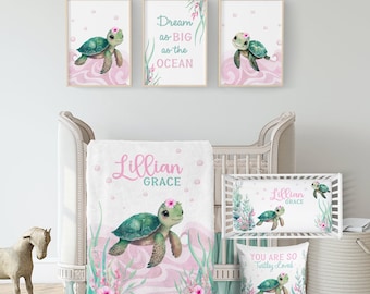 Baby Mädchen Meeresschildkröte Krippe Bettwäsche Set - Mädchen Ozean Kinderzimmer Bettwäsche Set - unter dem Meer Bettwäsche Set - personalisierte Baby Mädchen Bettwäsche - A562