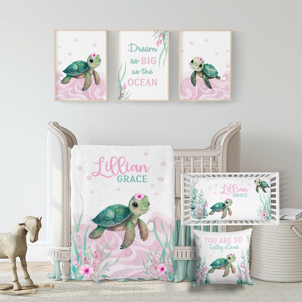 Baby Girl Sea Turtle Crib Bedding Set - Girl Ocean Nursery Bedding Set- Under The Sea Bedding Set- Personalized Baby Girl Bedding-   A562