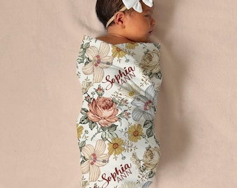 Vintage Floral Swaddle Blanket Headband Hat Set -Personalized Baby Shower Gift - Hospital Name Announcement - Personalized Baby Girl Blanket