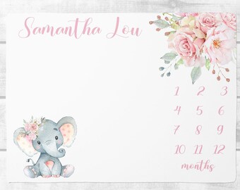 Baby Girl Milestone Blanket, Personalized Baby Month Blanket,  Baby Growth Tracker Blanket, Girl Elephant Blanket, Baby Girl Shower Gift