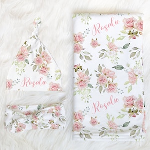 Rose Swaddle Blanket Headband Hat Set -Personalized Baby Shower Gift - Hospital Name Announcement - Personalized Baby Girl Blanket