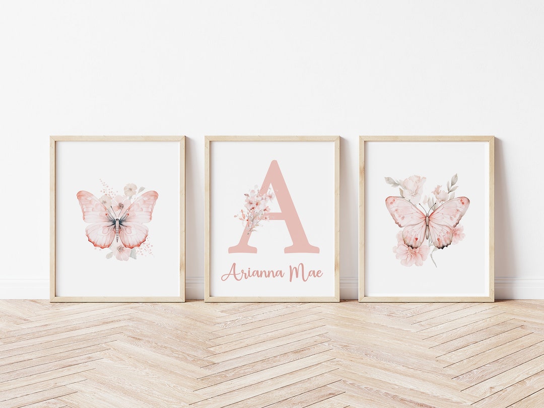 Butterfly Wall Art With Name -set of 3 Blush Floral Art Prints ...