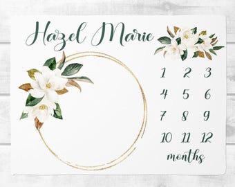 Manta Magnolia Milestone para niña, manta personalizada para bebé niña, manta personalizada para baby shower, manta Magnolia, regalo para mamá primeriza