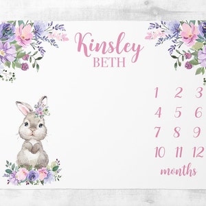 Baby Girl Milestone Blanket with Bunny, Lavender Floral Baby Month Blanket, Personalized Baby Shower Gift, Bunny Baby Blanket Name SM166