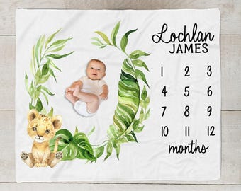 Löwen-Meilenstein-Decke, personalisierte Baby Jungen-Decke mit Löwen, Safari-Monat-Decke, Dschungel-Tierwachstums-Decke, Baby-Dusche-Geschenk