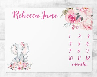 Baby Girl Milestone Blanket, Pink  Floral Baby Month Milestone Blanket, Personalized Baby Gift, Elephant Baby Blanket, New Mom Gift SM165
