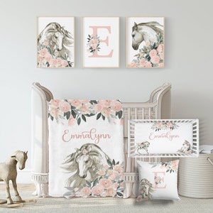 Horse Crib Bedding Set - Girl Horse Nursery Bedding Set- Farm Bedding Set- Personalized Nursery Bedding-  Floral Crib Bedding-  A548