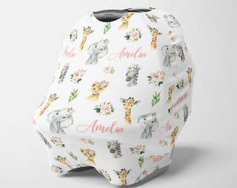 Personalized Car Seat Canopy, Girl Stretchy Car seat Cover, Personalized Safari Animals Carseat Cover, Elephant Carseat Canopy Nursing Cover