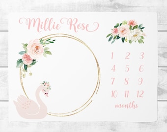 Baby Girl Milestone Blanket, Floral Swan Baby Month Blanket,  Baby Growth Tracker Blanket, Personalized Baby Girl Blanket, Baby Shower Gift