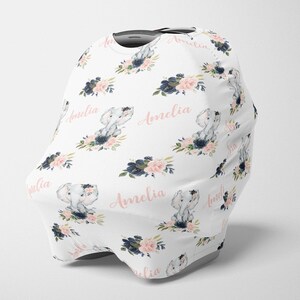 Baby meisje gepersonaliseerde autostoel luifel, stretchy bloemen autostoel cover, Blush Navy olifant autostoel cover, baby douche geschenk-verpleegkundige cover