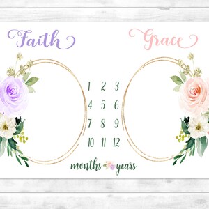 Twin Girls Milestone Blanket, Blush Floral Baby Month Blanket, Personalized Baby Shower Gift for Twin Girls, Personalized Blanket