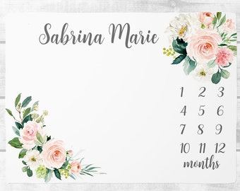 Baby Month Milestone Blanket, Floral Baby Girl Milestone Blanket, Baby Shower Gift, Track Growth and Age, New Mom Baby Shower Gift Blush