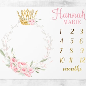 Princesa corona hito manta niña, manta de hito mensual bebé floral, manta princesa personalizada, regalo de bebé princesa SM169