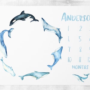 Manta de hito de ballena personalizada bebé niño manta bebé crecimiento rastreador océano vivero manta bebé ducha regalo mensual bebé manta
