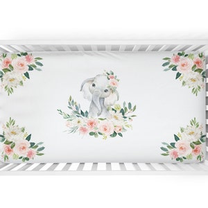 Personalized Elephant Crib Sheet. Blush & Gold Floral Nursery Bedding. Customized Baby Shower Gifts. Baby Bedding. Elephant Nursery Set