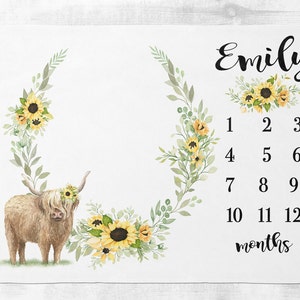 Highland Cow Milestone Blanket Girl, Sunflower Farm Girl Baby Month Blanket, Personalized Baby Girl Shower Gift, Baby Girl Cow Nursery