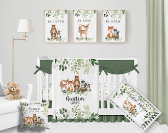 Woodland Crib Bedding Set  -Personalized Baby Boy Blanket with Woodland Animals- Woodland Nursery Bedding, Woodland Baby Blanket Name 546