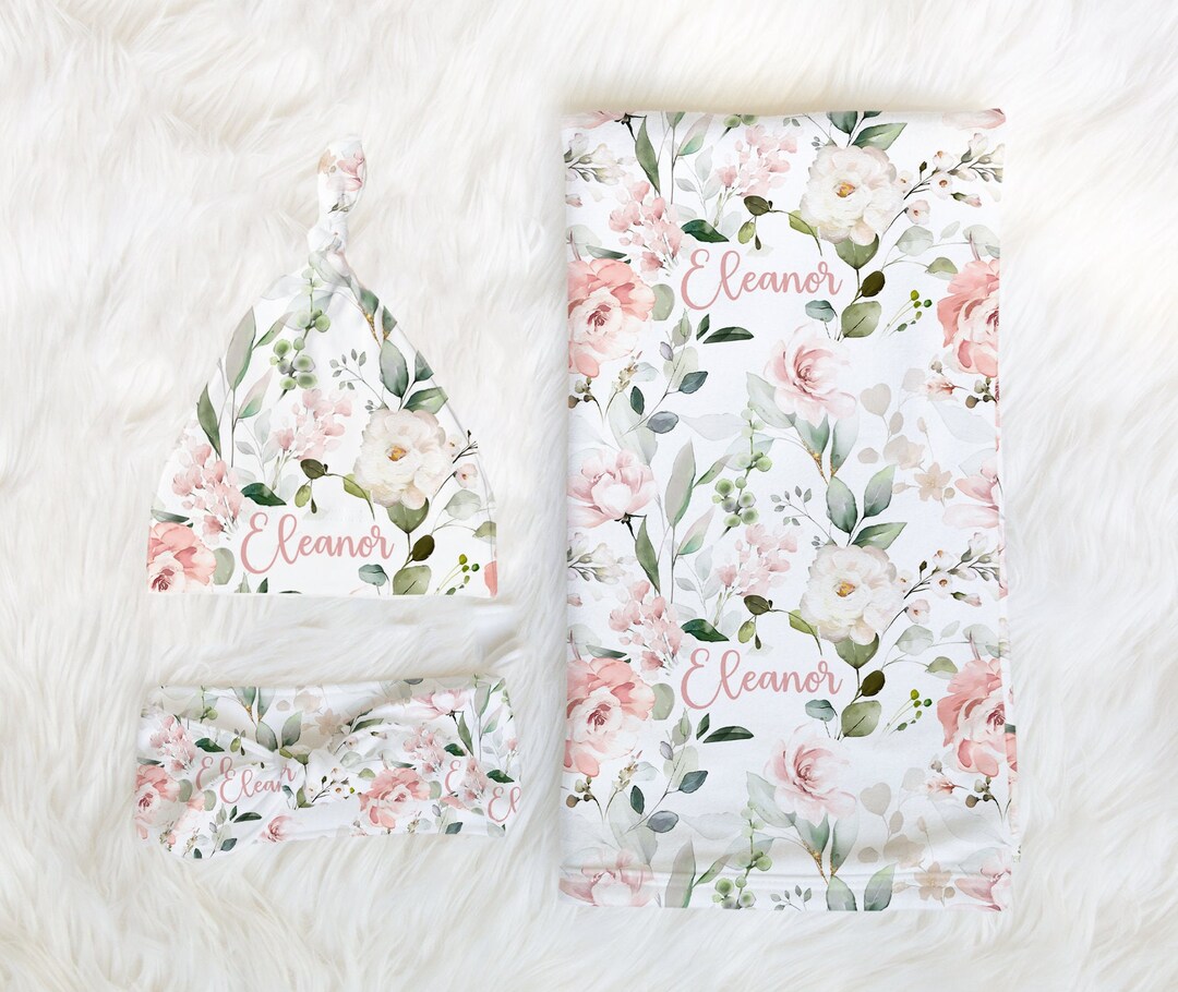 Pink Floral Baby Girl Swaddle Set Personalized Baby Girl Blanket