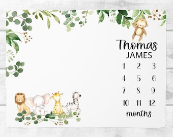 Safari-Meilenstein-Decke - Personalisierte Baby-Jungen-Decke Baby-Growth-Tracker Safari-Tierdecke Babypartygeschenk Monatliche Babydecke