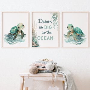 Baby Sea Turtle Nursery Wall Art, Under the Sea Art - Set of 3 Ocean Nursery Art Prints, Sea Turtle Wall Art Set of Digital Prints 561