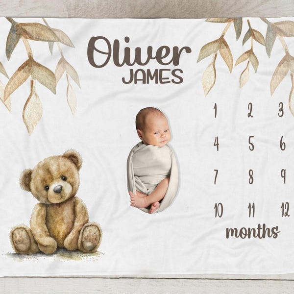 Mijlpaaldeken teddybeer, gepersonaliseerd deken babyjongen, deken beernaam, aangepaste maanddeken, foto's pasgeboren baby kraamcadeau SM554