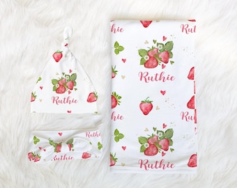 Personalized Strawberry Swaddle Blanket Hat headband Set -Personalized Baby Girl Swaddle Set - Summer Baby Gift Hospital Name Announcement -