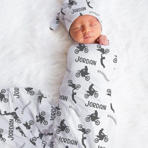Personalized Motocross Swaddle set -Custom Dirtbike Baby Blanket Hat Set -Baby Boy Shower Gift -Hospital -Name Announcement -Coming Home image 1