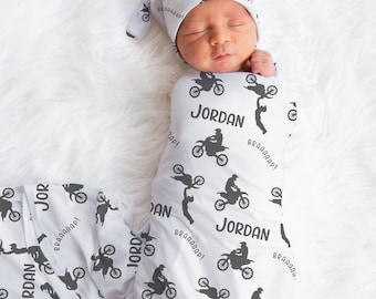 Personalized Motocross Swaddle set -Custom Dirtbike Baby Blanket Hat Set -Baby Boy Shower Gift  -Hospital -Name Announcement -Coming Home