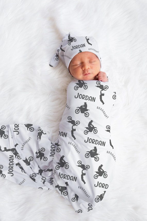Personalized Motocross Swaddle set -Custom Dirtbike Baby Blanket Hat Set -Baby Boy Shower Gift  -Hospital -Name Announcement -Coming Home