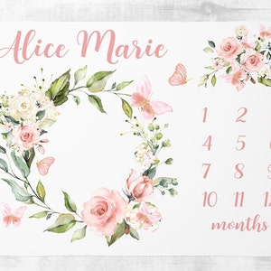 Mariposa hito manta niña, manta floral del mes del bebé, regalo personalizado de la ducha de la niña, manta del nombre de la niña SM118