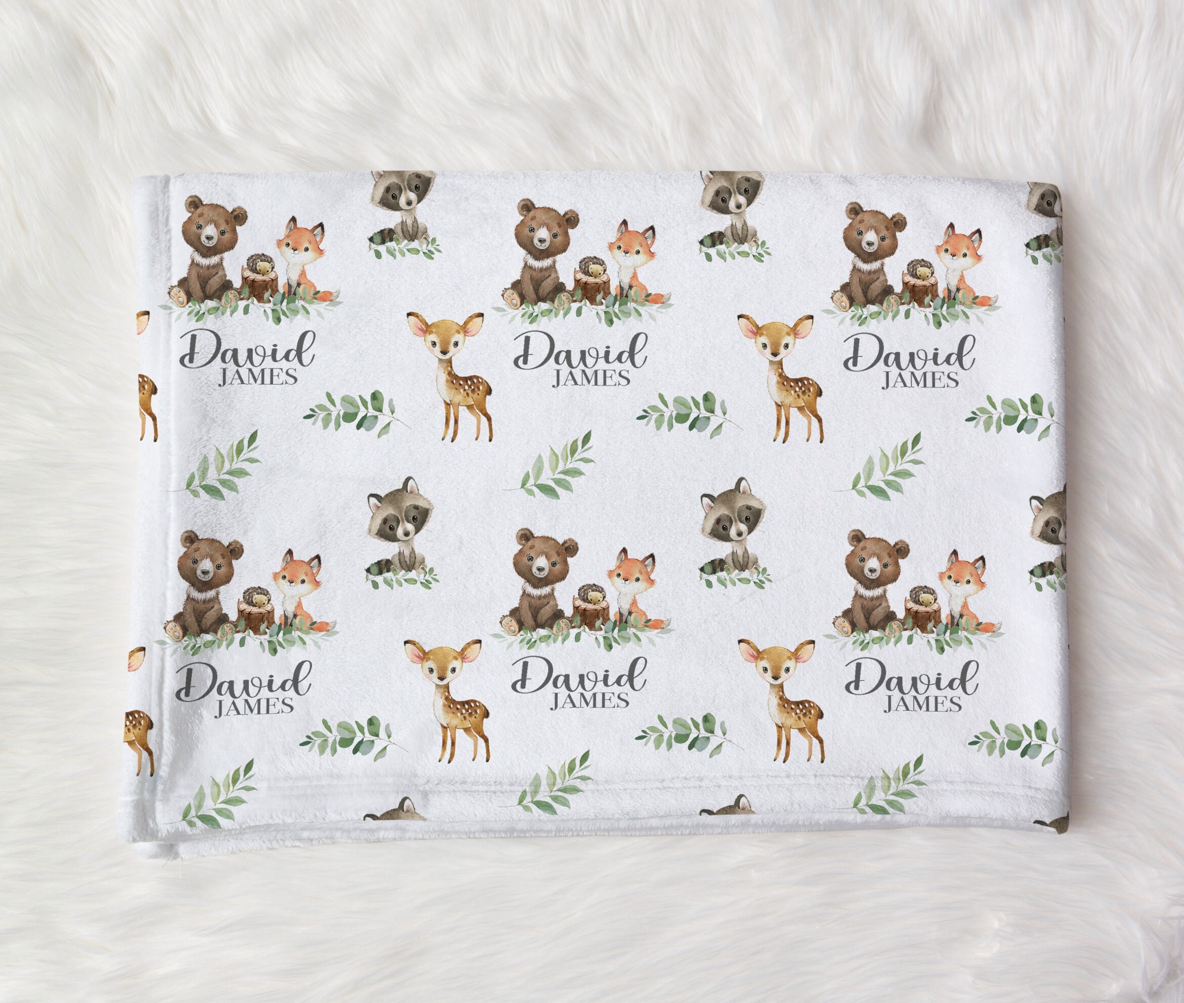 Woodland Swaddle set -Personalized Baby Boy Blanket Hat Set -Woodland Baby Shower Gift  -Forest Animal Blanket -Hospital Home Outfit -S568