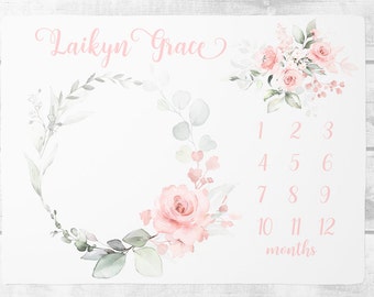 Baby Girl Milestone Blanket, Soft Floral Baby Month Milestone Blanket, Personalized Baby Shower Gift, Track Growth and Age, New Mom Gift