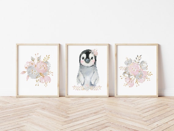 Baby Girl Penguin Nursery Wall Art, Floral Animal Set of 3 Printable Prints, Baby Girl Nursery Wall Art, Penguin Set of Digital Prints