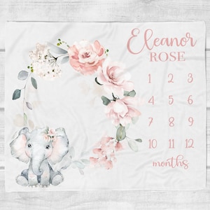 Manta de hito para niña, manta del mes floral de rubor, manta personalizada para niña, pista de crecimiento de regalo para bebé elefante, accesorios fotográficos para recién nacidos