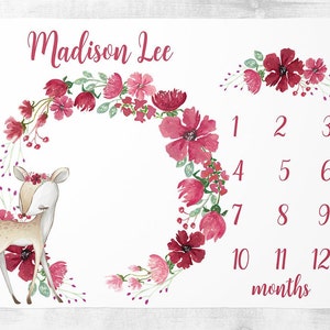 Baby Milestone Deken Meisje - Herten Maandelijkse Groei Deken - Gepersonaliseerde Baby Girl Gift - Baby Shower Gift - Woodland Nursery Bloemenkrans