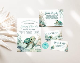 Wydrukowane zaproszenie na baby shower z motywem żółwia morskiego - Edytowalne zaproszenie na baby shower z motywem oceanu - Podwodny maluch - Zielony żółw morski, G561