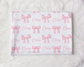 Manta personalizada com laço rosa e nome, manta personalizada para bebê menina, manta personalizada para presente de aniversário de menina pequena, Coquette Aesthetic SB587