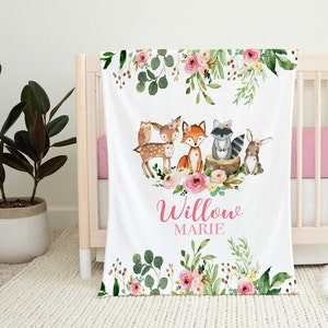 Personalized Baby Girl Blanket - Woodland Baby Blanket -Baby Name Blanket -Baby Shower Gift-Personalized Baby Gift - Floral Baby Blanket