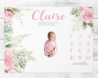Baby Milestone Blanket Girl, Blush & Green Floral Baby Month Blanket, Personalized Baby Girl Shower Gift, Custom Baby Girl Name BlanketSM131