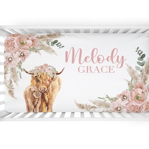 Floral Highland Cow Crib Sheet with Name- Personalized Crib Bedding. Custom Farm Baby Gifts. Southern Baby Bedding. Country Girl SSS542
