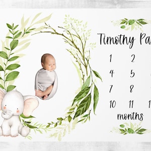 Baby Boy Milestone Blanket, Elephant Milestone Blanket,Personalized Baby Boy Month Blanket Safari Bedding, Elephant Baby Shower Gift