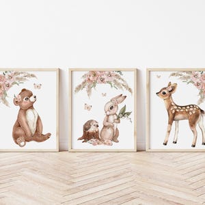Baby Girl Woodland Animal Art Prints - Set of Three Baby Floral Woodland Animal Canvases- Baby Girl's Wall Art - Playroom Wall Art - A536