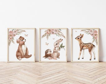 Baby Girl Woodland Animal Art Prints - Set of Three Baby Floral Woodland Animal Canvases- Baby Girl's Wall Art - Playroom Wall Art - A536
