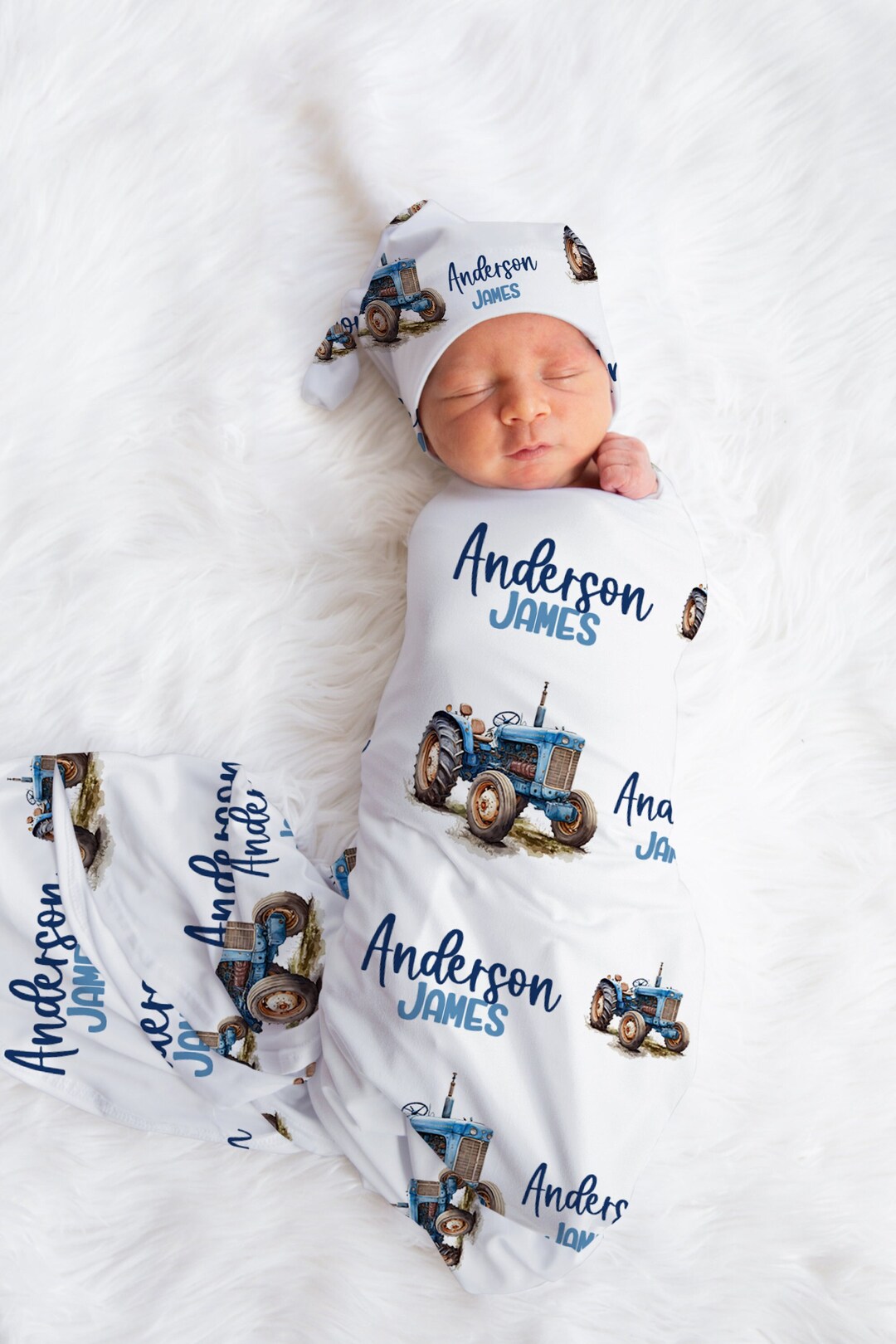 Blue Tractor Swaddle Blanket Hat Set custom Baby Shower Gift Hospital