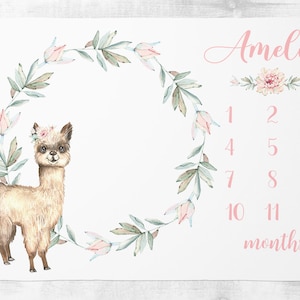 Llama /Alpaca Milestone Manta Rastreador de crecimiento mensual personalizado Regalo de baby shower personalizado Manta de cactus personalizada Ropa de cama de guardería Boho