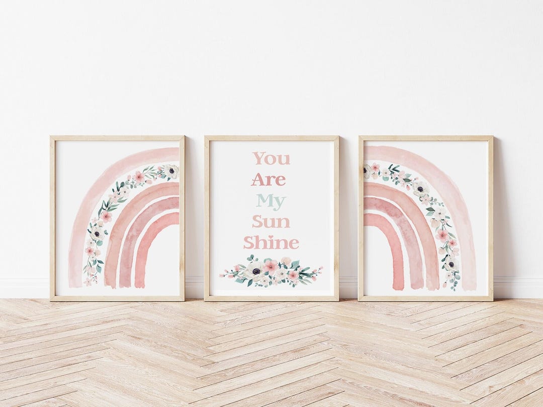 Baby Girl Floral Rainbow Nursery Wall Art, Boho Floral Rainbow Art Set ...