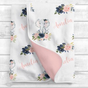 Personalized Baby Girl Blanket - Blush Navy Floral Baby Blanket - Baby Name Blanket -Baby Shower Gift-Personalized Baby Gift -Custom Swaddle