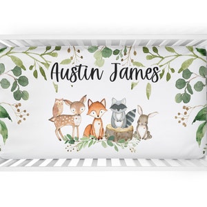 Personalized Crib Sheet with Woodland Animals Crib sheet - Woodland Nursery Bedding -Custom Baby Shower Gift - Fox Baby Bedding - 546