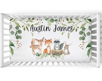 Personalized Crib Sheet with Woodland Animals Crib sheet - Woodland Nursery Bedding -Custom Baby Shower Gift - Fox Baby Bedding - 546